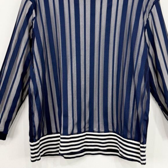 YAL NY Navy Blue White Mesh Overlay Striped Knit Nautical Pullover Top - Picture 5 of 16